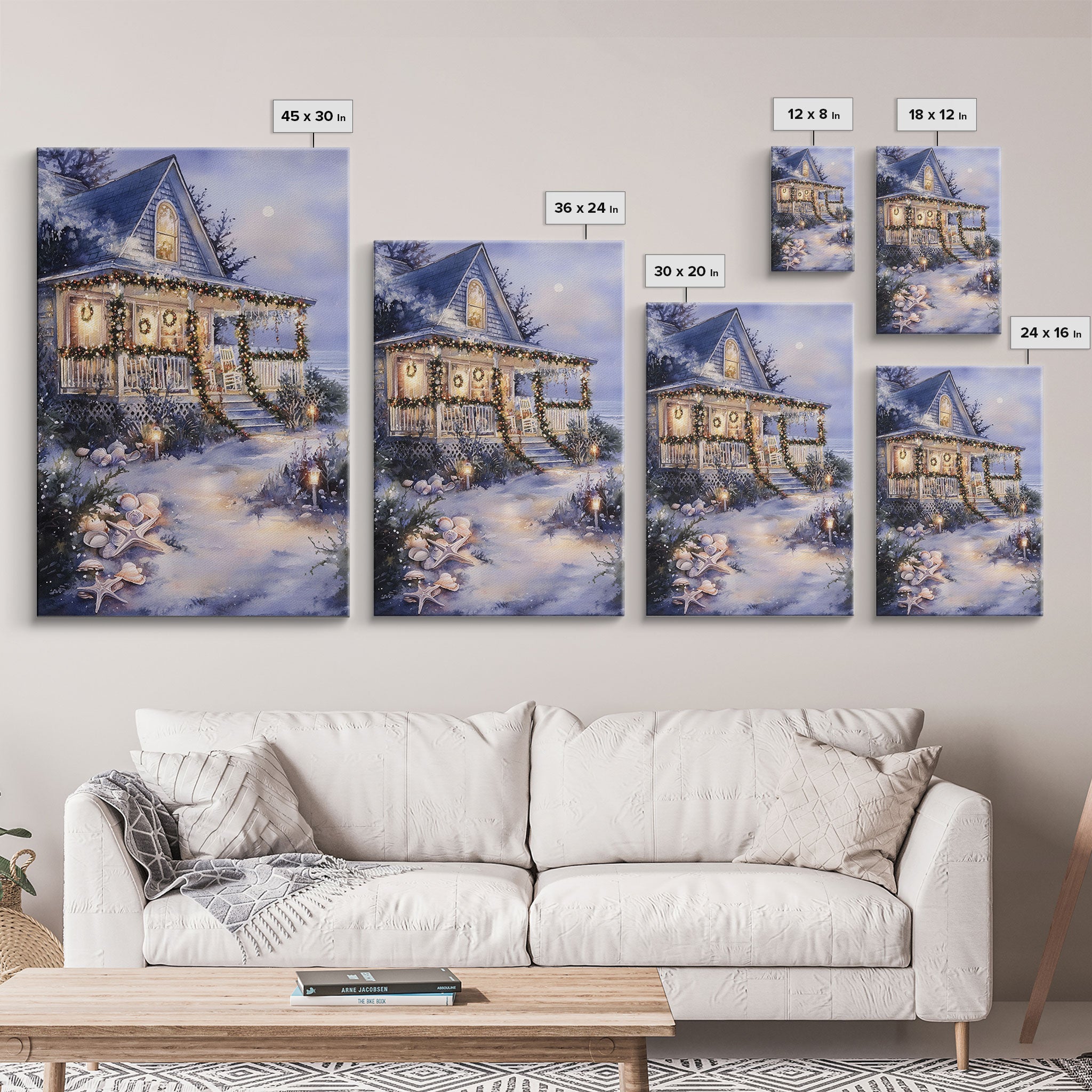Charming beachfront cottage Christmas lights with wreaths Framed Canvas Print, beach house holiday wall art coastal Christmas decor