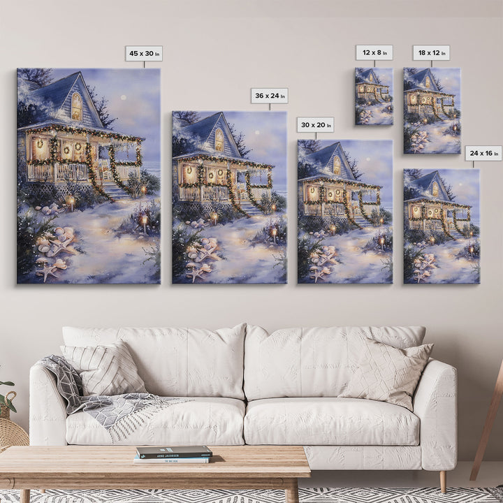 Charming beachfront cottage Christmas lights with wreaths Framed Canvas Print, beach house holiday wall art coastal Christmas decor