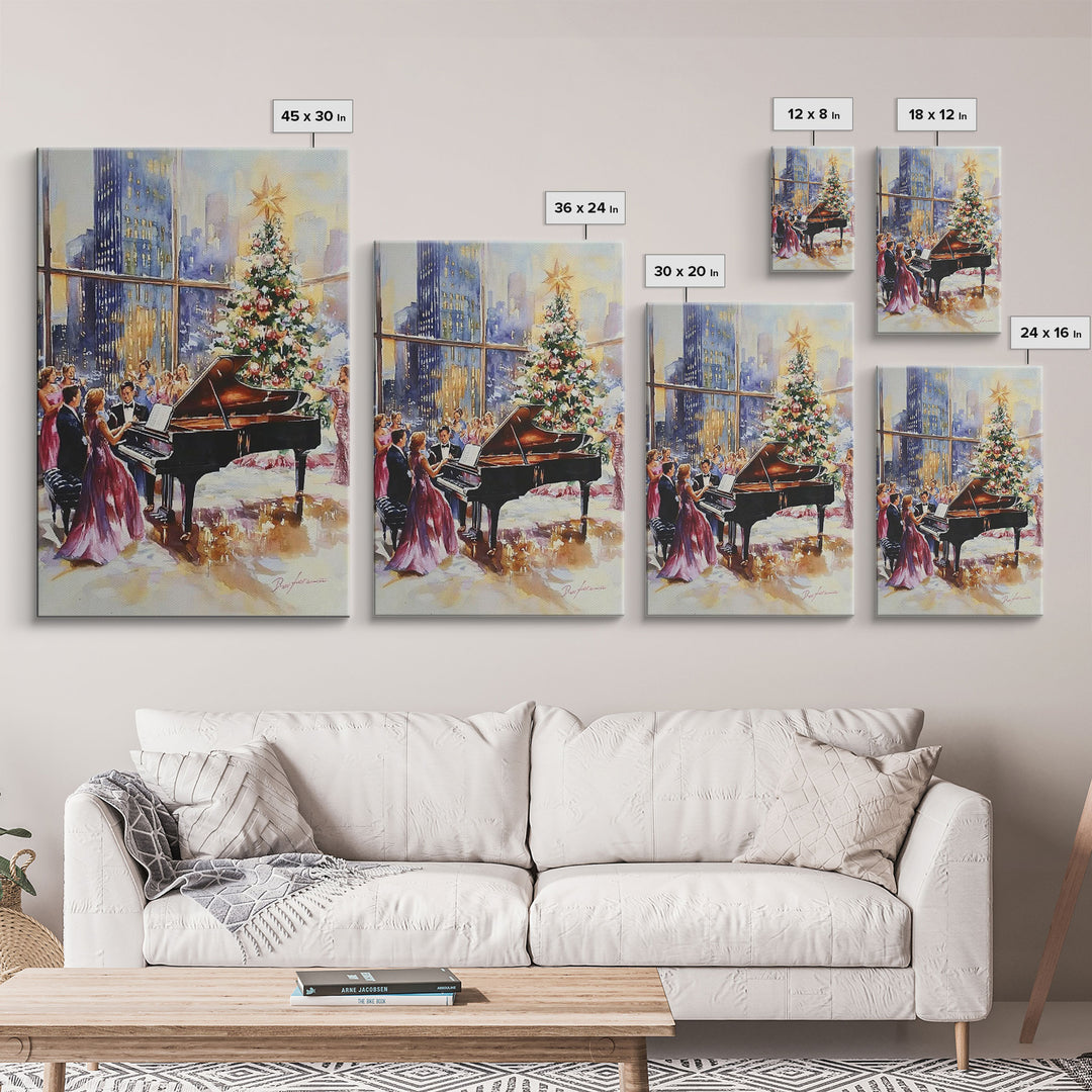Elegant Christmas party with grand piano and city skyline view Framed Canvas Print, classy holiday wall art perfect seasonal decor idea