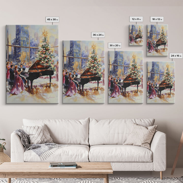 Elegant Christmas party with grand piano and city skyline view Framed Canvas Print, classy holiday wall art perfect seasonal decor idea