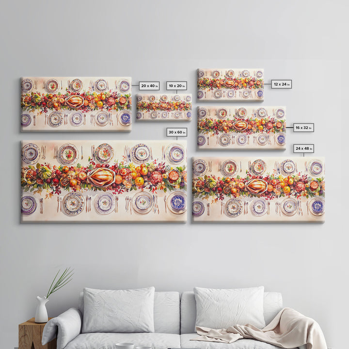 Festive Thanksgiving dinner table setting with colorful centerpiece, framed canvas print perfect autumn holiday decor wall art