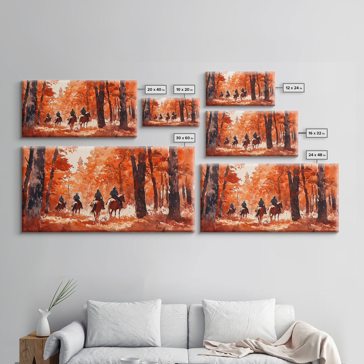 Framed Canvas Print Fall Forest Riders in Autumn Colors, Rustic Cowboy Wall Art, Perfect Fall Decor and Seasonal Home Art