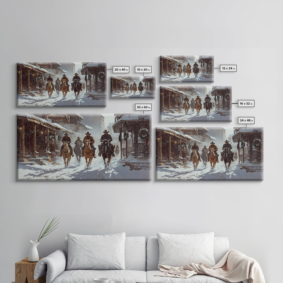 Snowy Cowboy Christmas Town Canvas Print, Rustic Western Christmas Decor, Perfect Holiday Home Decor and Vintage Wall Art