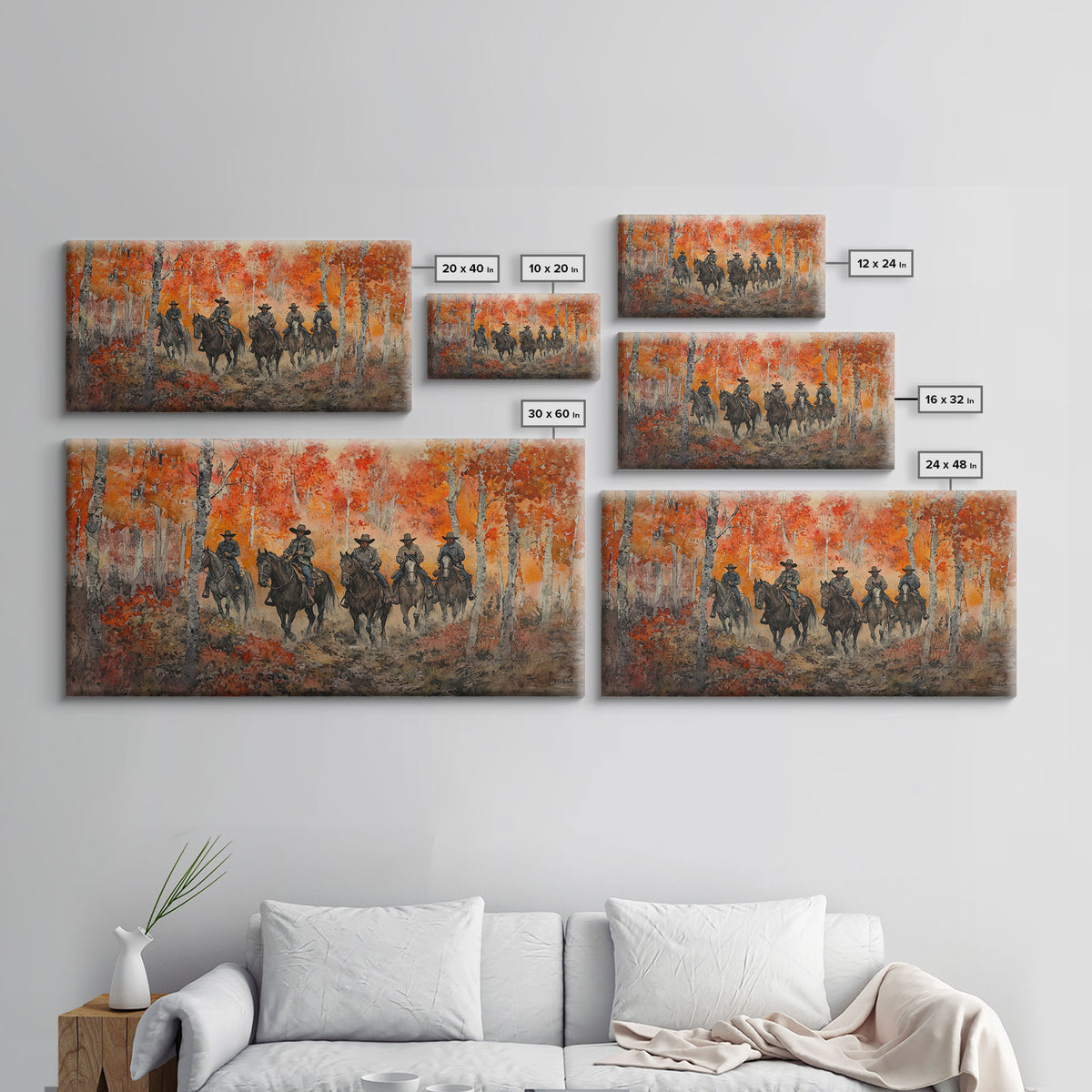 Framed Canvas Print Horseback Riders in Rustic Fall Forest, Cowboy Theme Wall Art, Autumn Home Decor, and Seasonal Canvas Wall Print