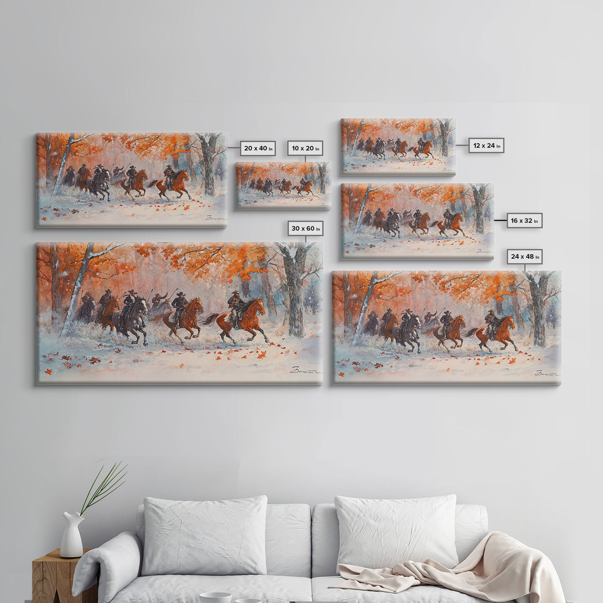 Framed Canvas Print Fall Forest Cowboys in Vibrant Autumn Colors, Perfect Autumn Wall Art, Rustic Home Decor, and Seasonal Cowboy Art