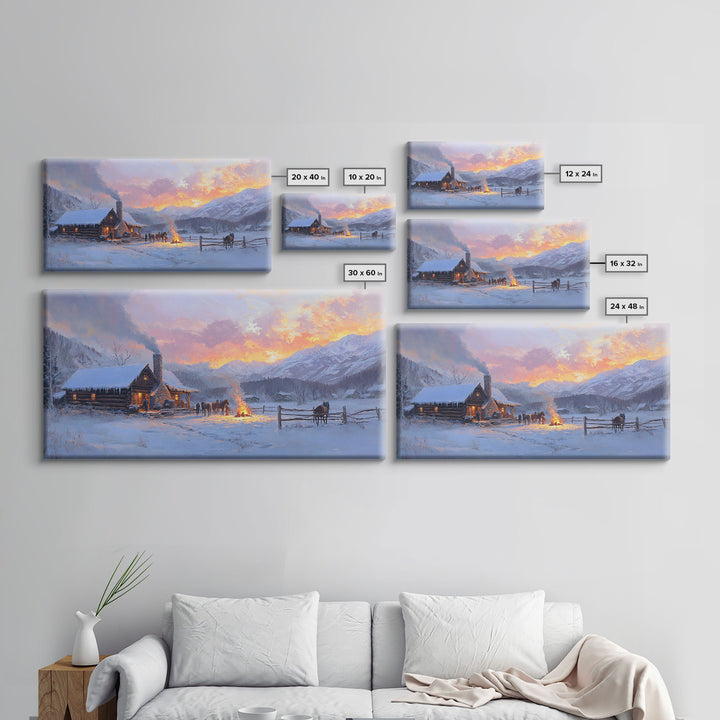 Cozy Snowy Log Cabin Tall Art Framed Canvas Print Winter Home Decor With Warm Fireplace And Horse Rider Under A Beautiful Sunset Scene