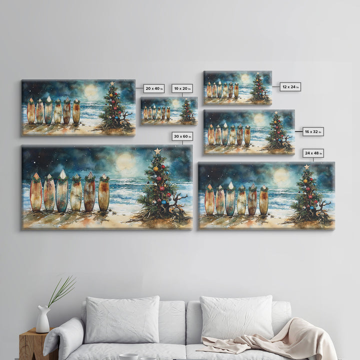 Canvas Print Surfboards and Christmas Tree at Beach, Tropical Christmas Decor, Beach Christmas Art, Coastal Holiday Wall Art