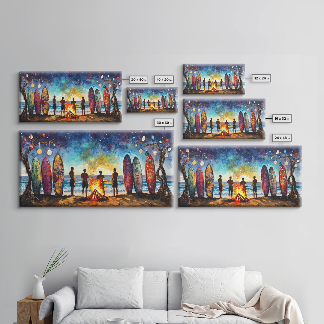 Canvas Print Beach Bonfire with Surfboards Under Stars, Coastal Christmas Art, Tropical Holiday Wall Art, Beach Christmas Decor