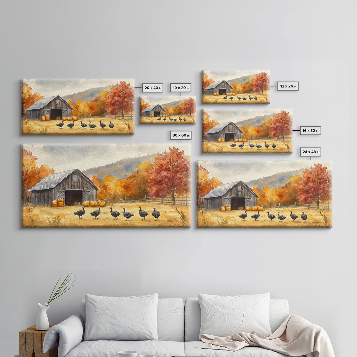 Framed Canvas Print Rustic Barn with Pumpkins and Turkeys, Perfect Autumn Farmhouse Decor, Fall Wall Art, Country Autumn Scene