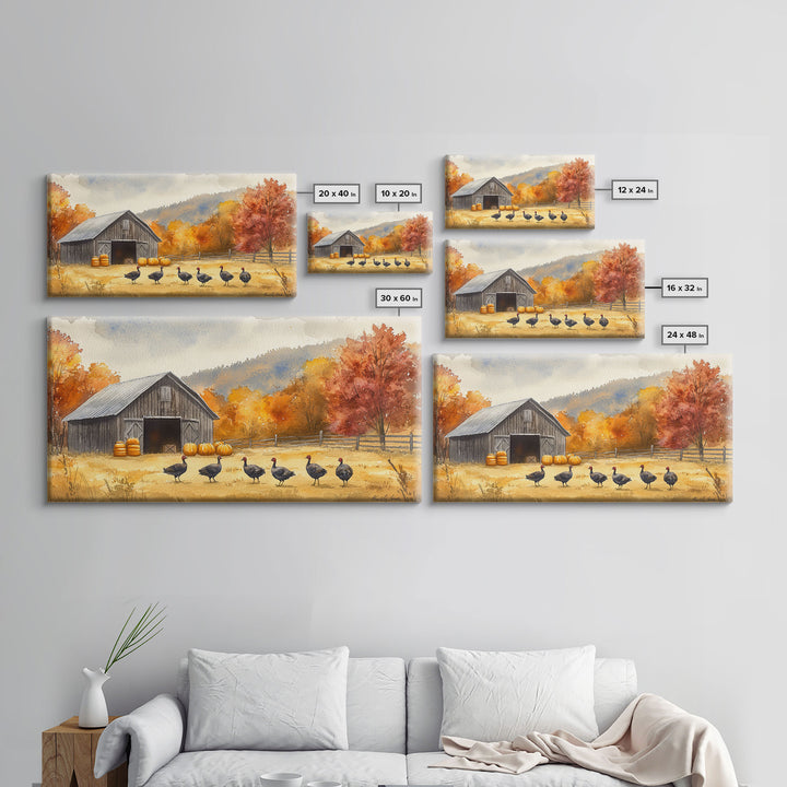 Framed Canvas Print Rustic Barn with Pumpkins and Turkeys, Perfect Autumn Farmhouse Decor, Fall Wall Art, Country Autumn Scene
