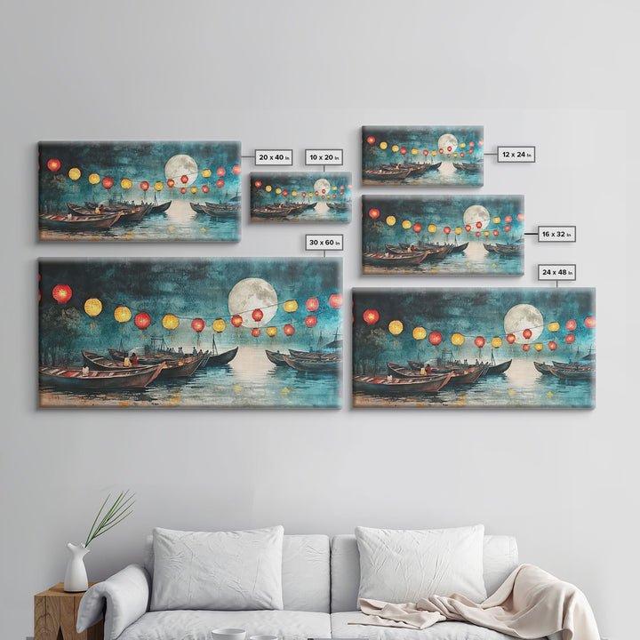 Framed Canvas Print Full Moon Lanterns on Boats, Dreamy Night Scene, Watercolor Christmas Art, Unique Holiday Decor, Coastal Christmas