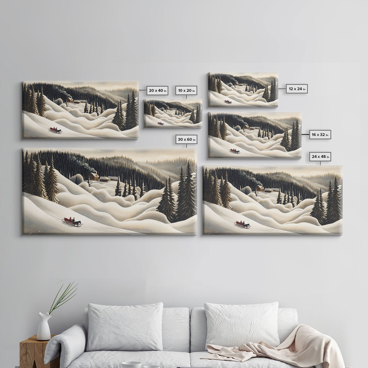 Framed Canvas Print Snowy Mountain Sleigh Ride, Winter Wonderland Wall Art, Christmas Home Decor, Vintage Holiday Scene