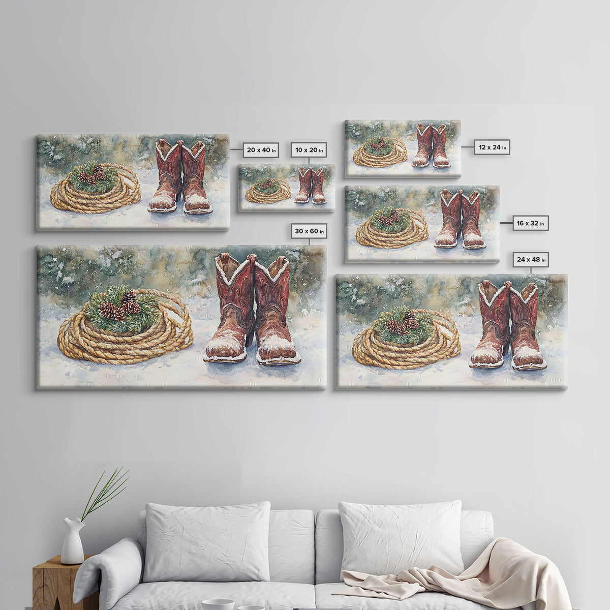 Canvas Print Cowboy Boots with Christmas Wreath and Rope, Rustic Christmas Decor, Winter Western Holiday Art, Farmhouse Wall Print