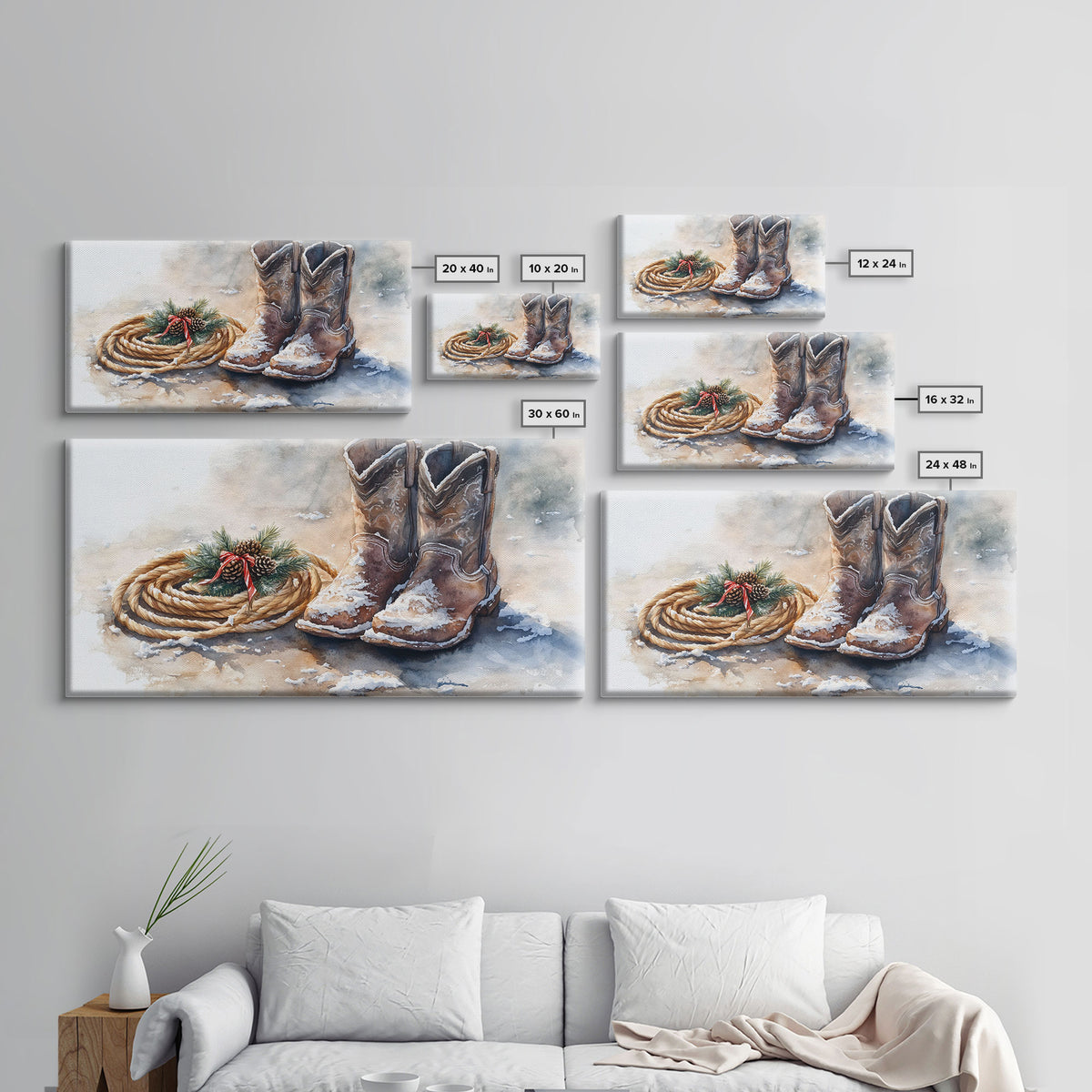 Framed Canvas Print Cowboy Boots and Rope with Pinecones, Rustic Winter Decor, Western Christmas Art, Perfect Holiday Wall Print
