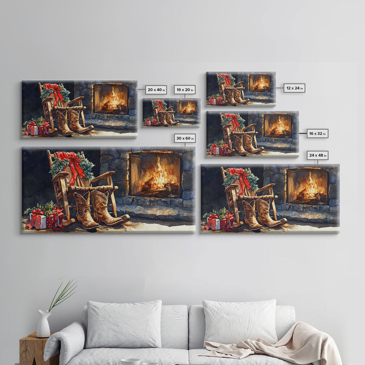 Canvas Print Rocking Chair and Cowboy Boots by Fireplace, Cozy Christmas Decor, Western Holiday Wall Art, Rustic Christmas Scene