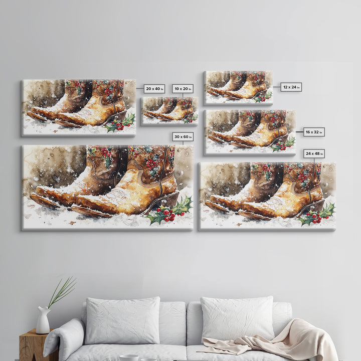 Rustic Cowboy Boots with Holly Framed Canvas Print Christmas Decor Western Holiday Wall Art Vintage Christmas Art Gift Idea 2024