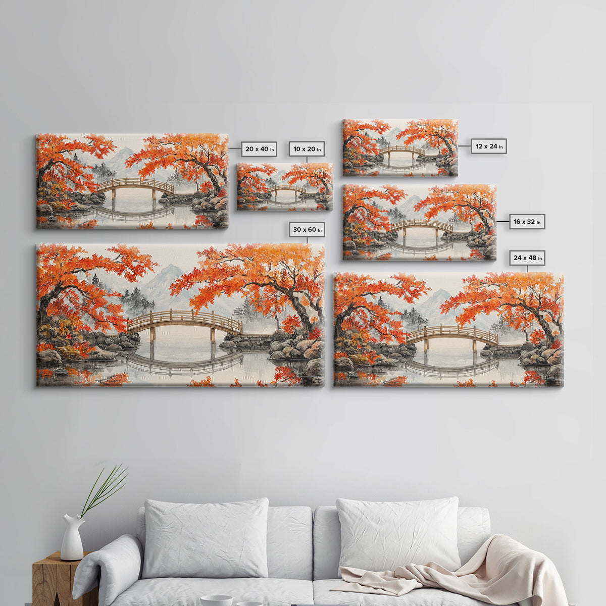 Japanese Bridge in Autumn Framed Canvas Print Fall Landscape Art Nature Wall Decor Seasonal Holiday Art Rustic Country Gift Idea 2024