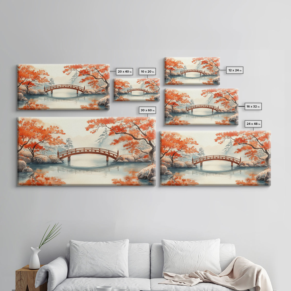 Tranquil Japanese Autumn Bridge Framed Canvas Print Fall Nature Scene Art Minimalist Wall Decor Seasonal Holiday Gift Idea 2024