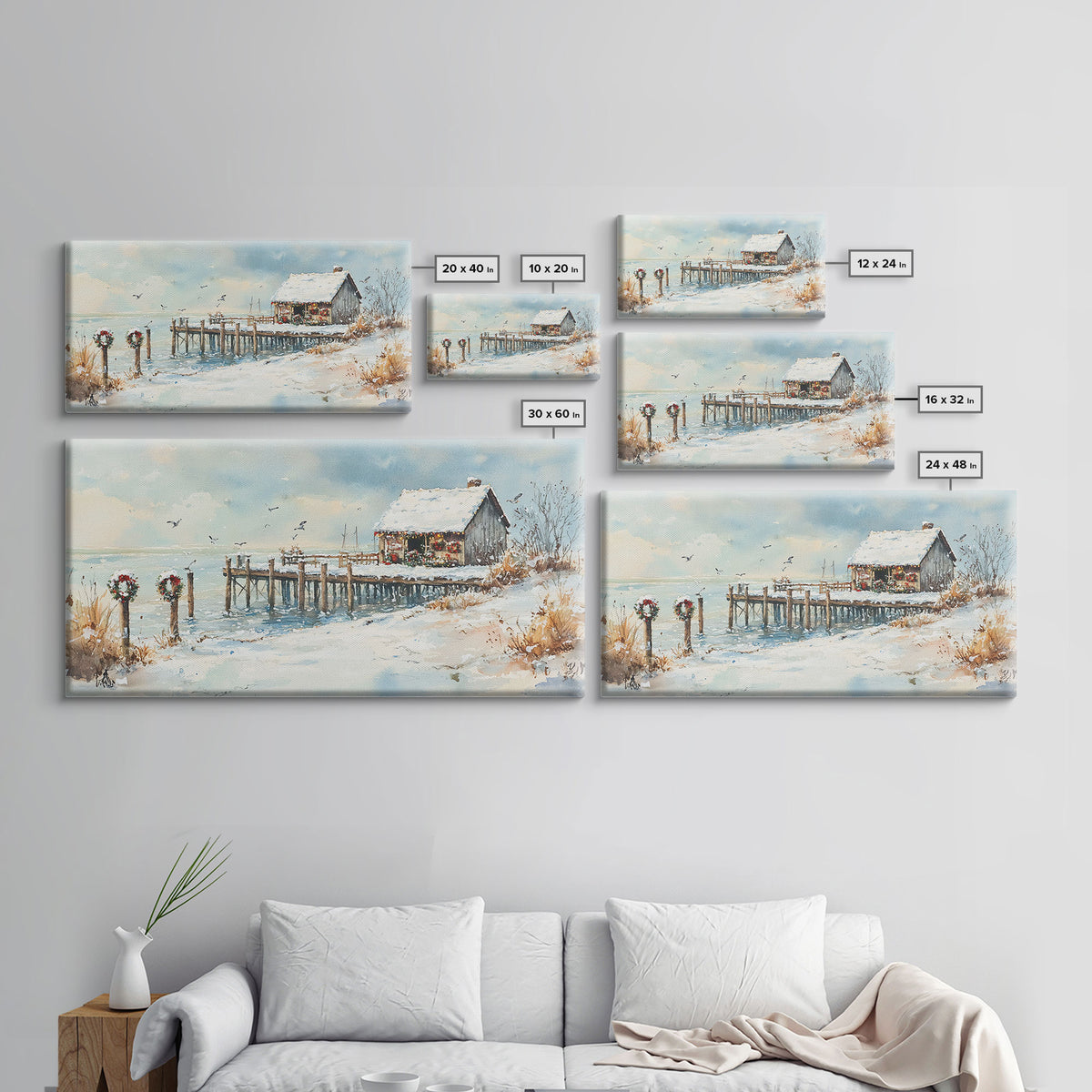 Farmhouse Christmas decor Framed Canvas Print rustic cabin snowy dock Christmas scene Christmas outdoor decor vintage holiday wall art