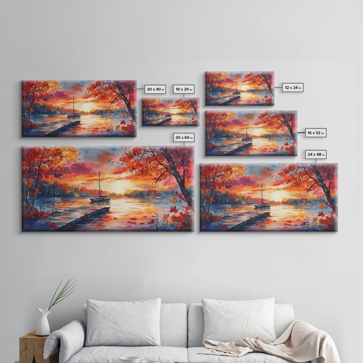 Fall landscape art Canvas Print sunset on lake sailboats moody landscape holiday wall art vintage fall decor gift idea autumn wall art