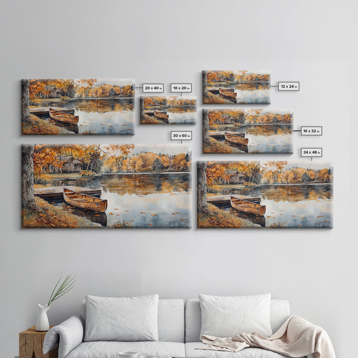 Fall lake house decor Framed Canvas Print serene lakeside cabin canoe rustic autumn wall art seasonal decor gift idea cozy fall home decor