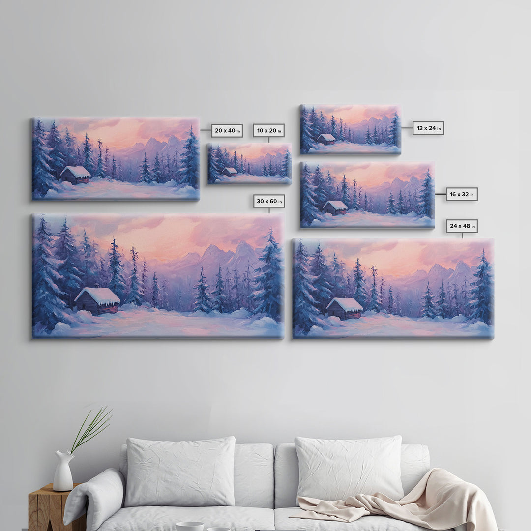 Cozy Cabin Surrounded By Winter Trees Tall Art Framed Canvas Print Serene Snowy Forest Cabin Landscape With Warm Interior Lights