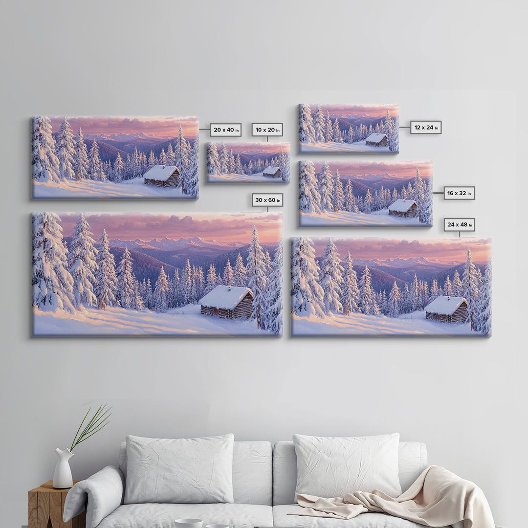 Mountain Cabin At Sunrise Tall Art Framed Canvas Print Winter Snow Covered Trees And Cabin In Mountains With Pastel Sky