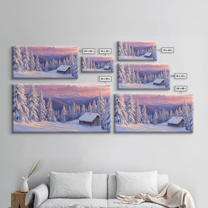 Mountain Cabin At Sunrise Tall Art Framed Canvas Print Winter Snow Covered Trees And Cabin In Mountains With Pastel Sky