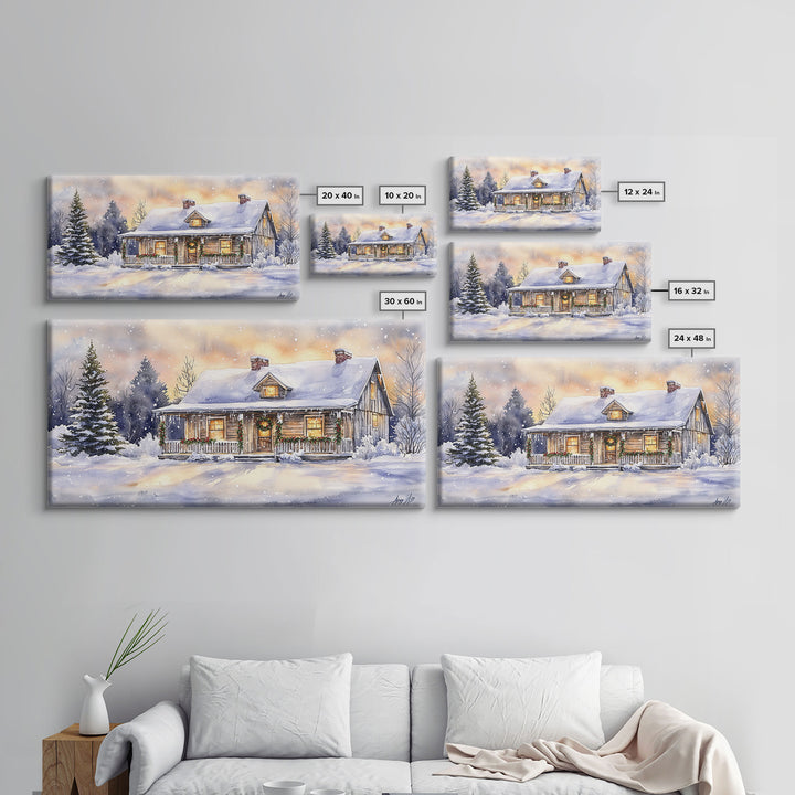 Log cabin in winter, snowy holiday art, farmhouse Christmas decor, rustic Christmas, vintage wall art, framed canvas print