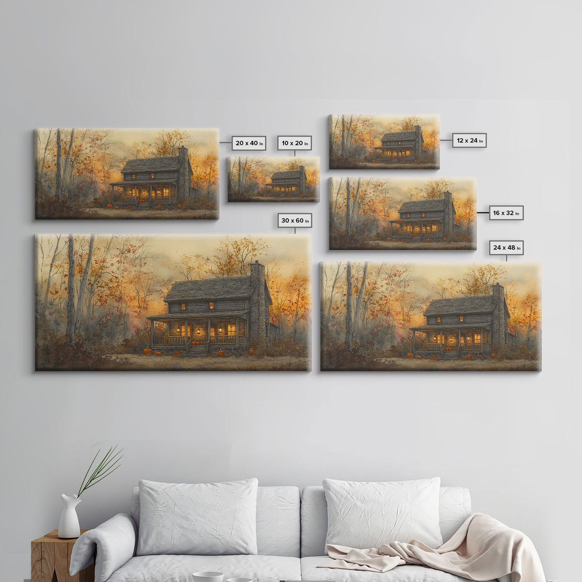 Spooky farmhouse art, Halloween wall art, autumn pumpkin decor, rustic wall print, moody landscape, vintage fall art, framed canvas print