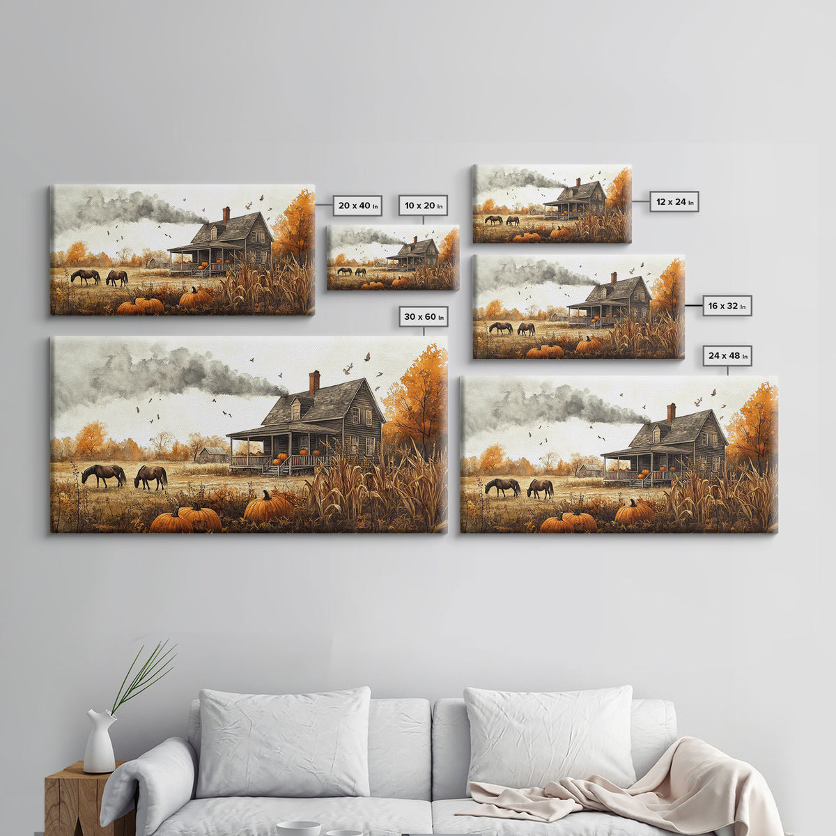 Horses grazing in autumn landscape, fall farmhouse decor, rustic wall art, decor, vintage fall wall print, framed canvas print