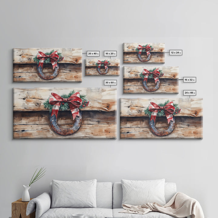 Festive horseshoe Christmas art, rustic holiday decor, farmhouse holiday gift idea, cozy winter home decor, framed canvas print