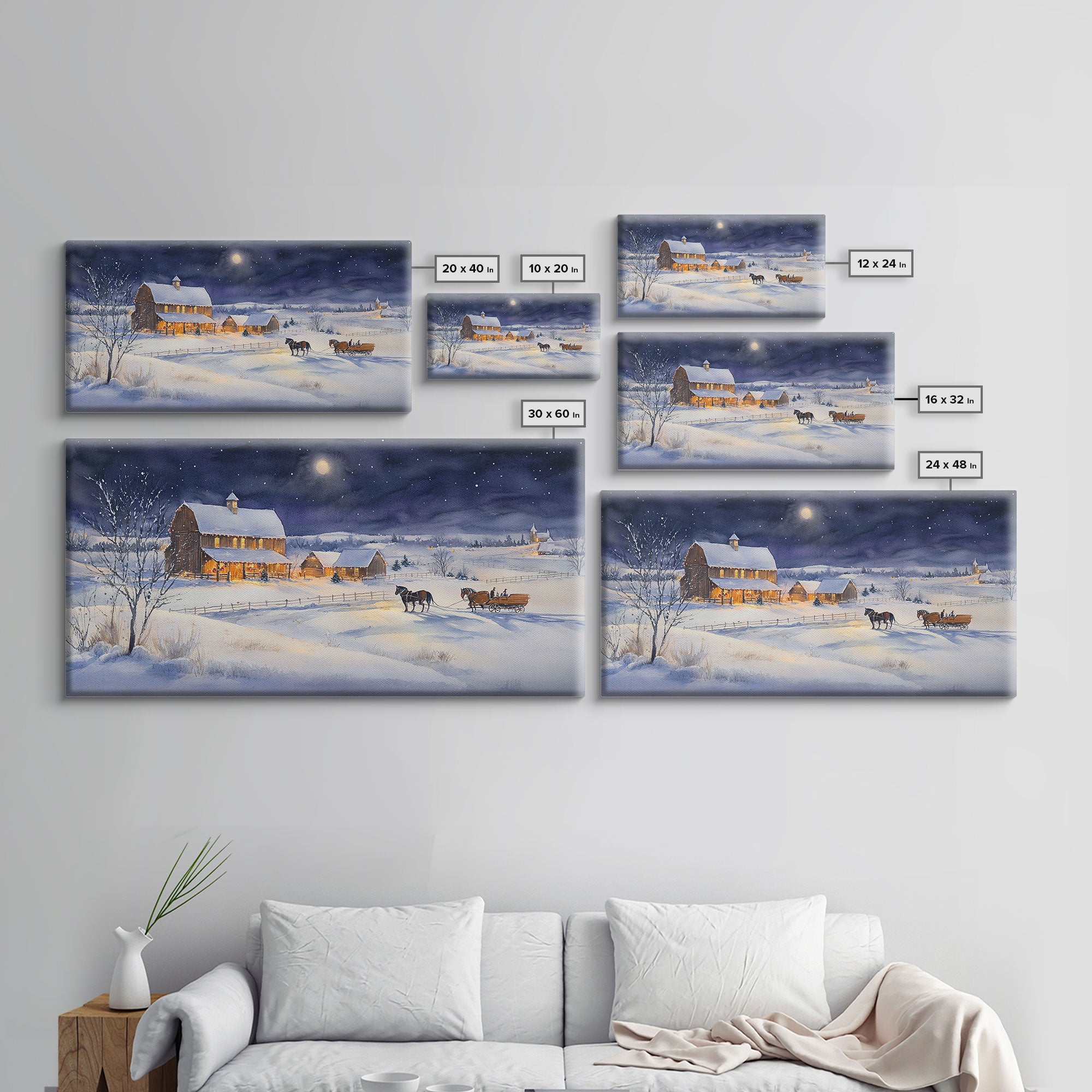 Horse and Barn in Snowy Christmas Scene, Framed Canvas Print, Winter Christmas Decor, Farmhouse Christmas, Rustic Holiday Art, Wall Art