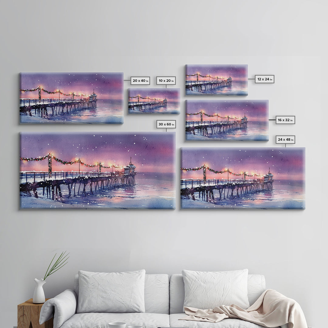 Snow-Covered Pier at Dusk with Christmas Lights, Framed Canvas Print, Coastal Holiday Decor, Winter Wonderland, Nautical Christmas Wall Art