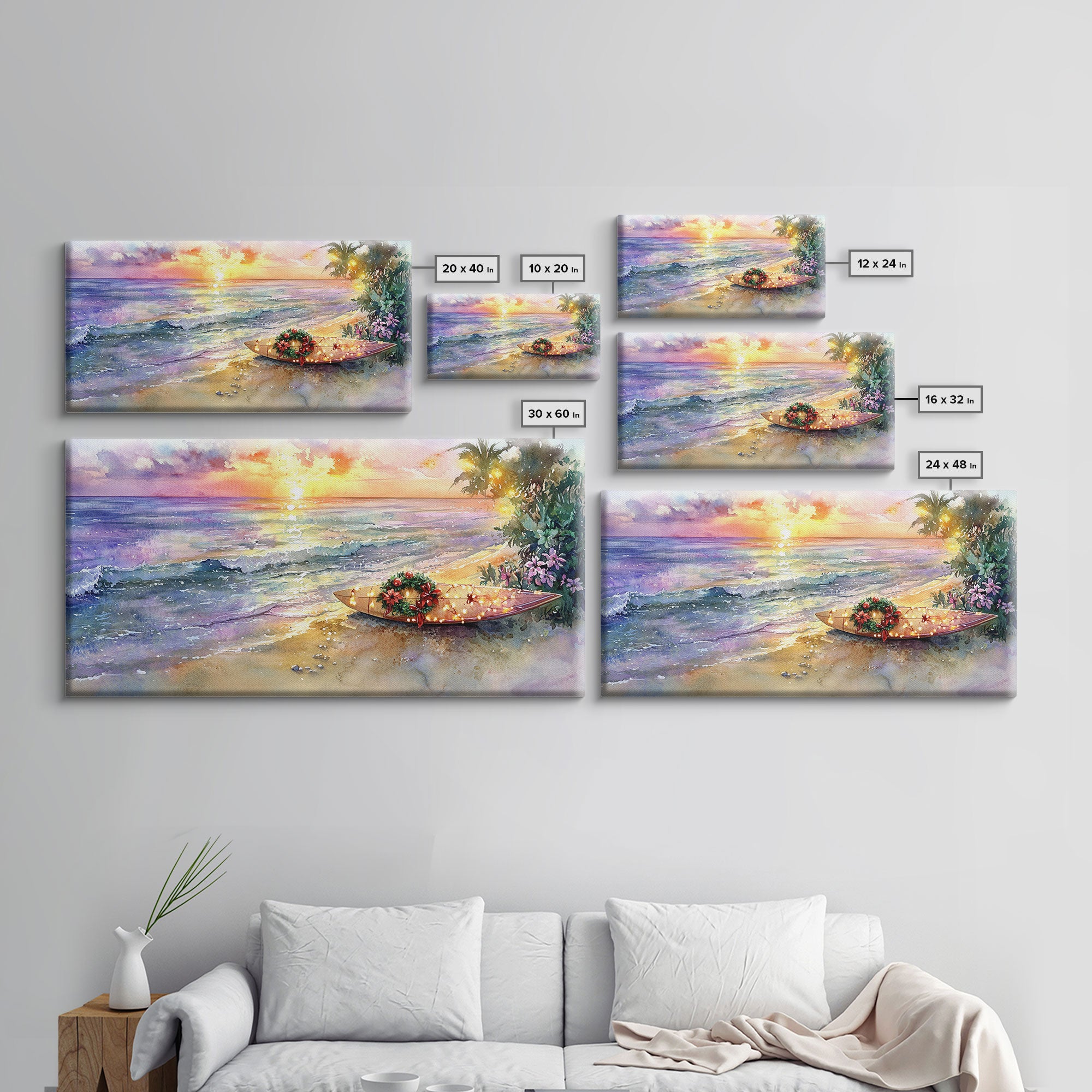 Christmas Surfboard Beach Decor Canvas Print | Tropical Coastal Christmas Art | Beach Christmas Wall Art | 2024 Holiday Decor | Gift Idea