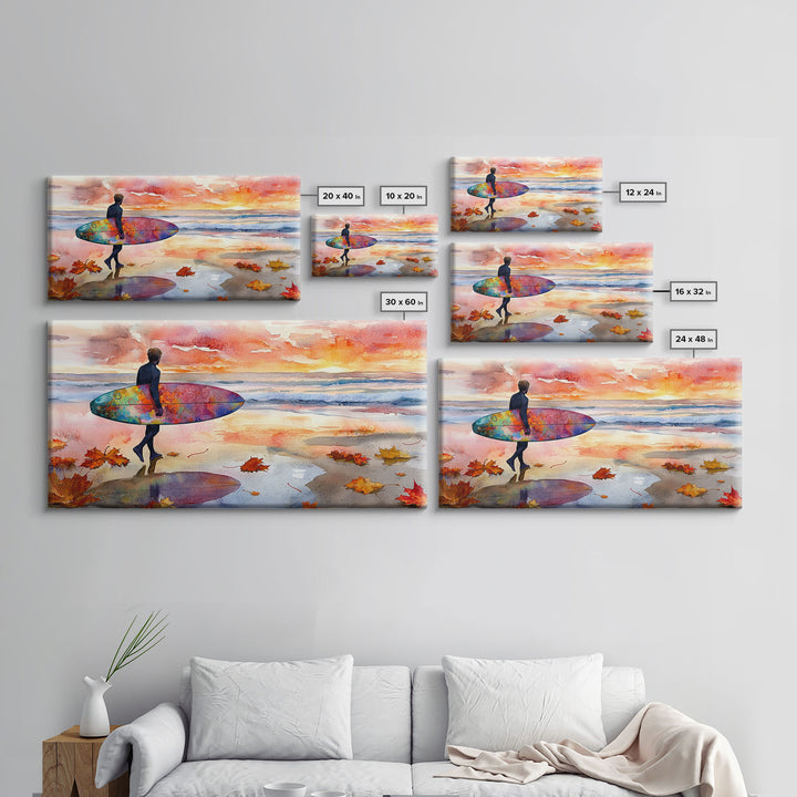 Autumn Surfing Sunset Canvas Print | Fall Surf Art Gift | Seasonal Wall Art Decor | Gift Idea | Beach Decor Fall Theme | Framed Canvas Print