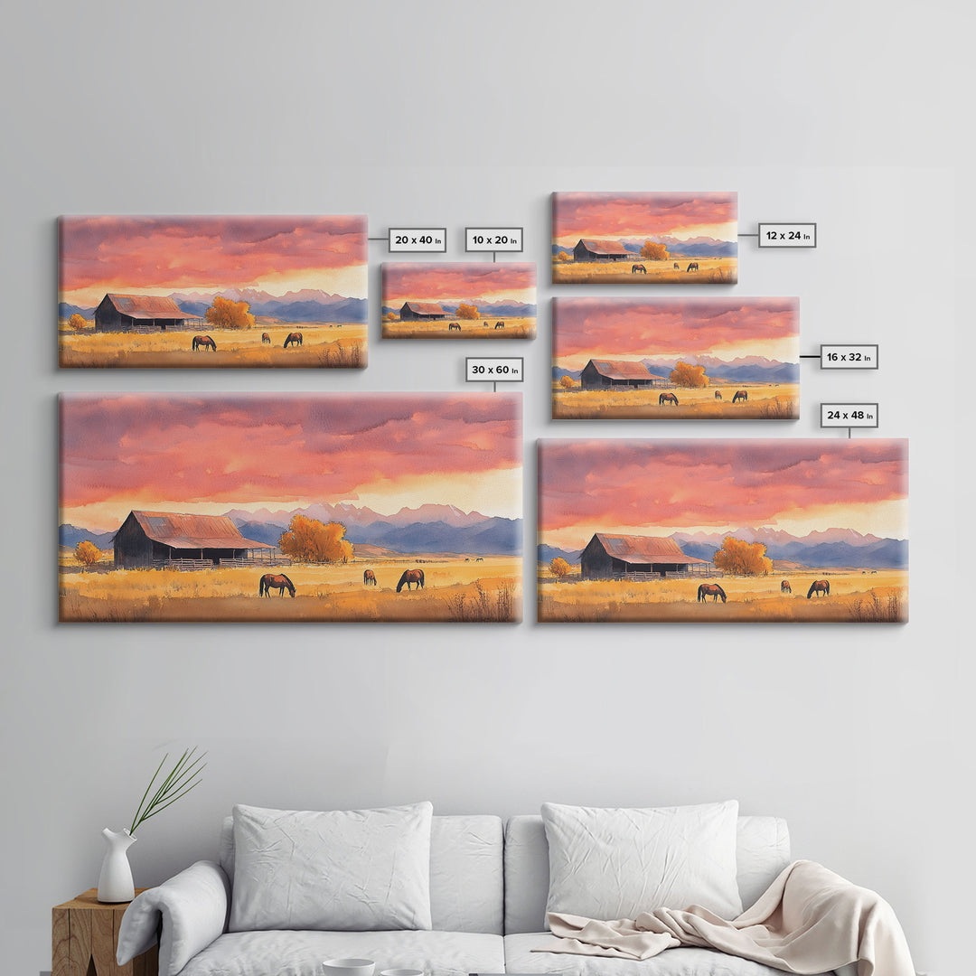 Rustic Mountain Barn Sunset Canvas Print | Autumn Farmhouse Wall Art | Fall Home Decor | Holiday Art Gift | Framed Canvas Print Wall Decor