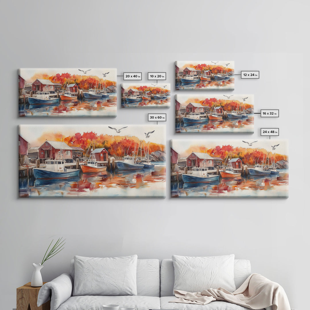 Fishing boats in harbor with autumn trees, framed canvas print, fall coastal art, rustic nautical decor, perfect gift idea, autumn wall art