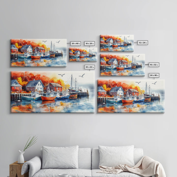 Colorful boats harbor framed canvas print, rustic autumn coastal decor, fall home decor, vintage nautical art gift idea, seasonal wall art