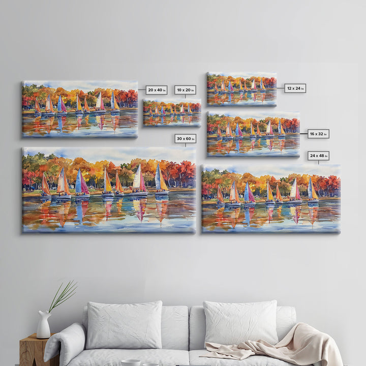 Sailboats on autumn lake, framed canvas print, colorful fall decor, nautical wall art for fall home, rustic autumn wall art, gift idea