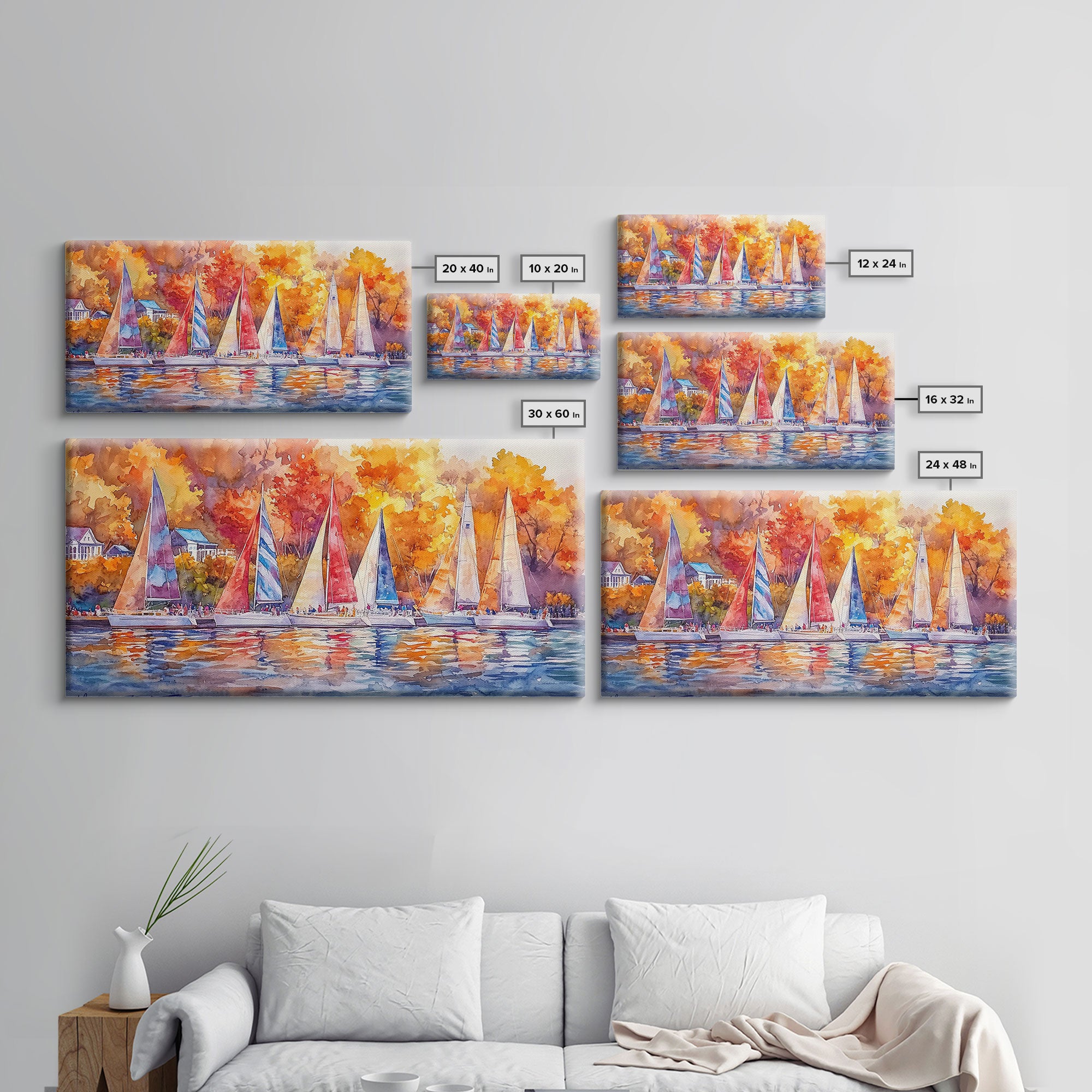 Sailboats in autumn harbor framed canvas print, colorful fall decor, rustic nautical wall art, autumn home decor, fall landscape wall art