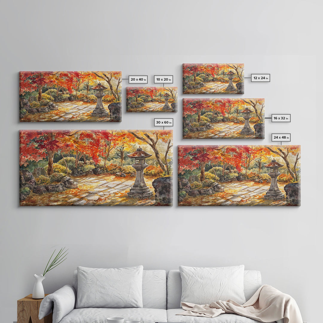 Beautiful Autumn Garden Path with Lantern, Fall Decor, Watercolor Landscape Art, Framed Canvas Print, Wall Art, Farmhouse Decor, Gift Idea
