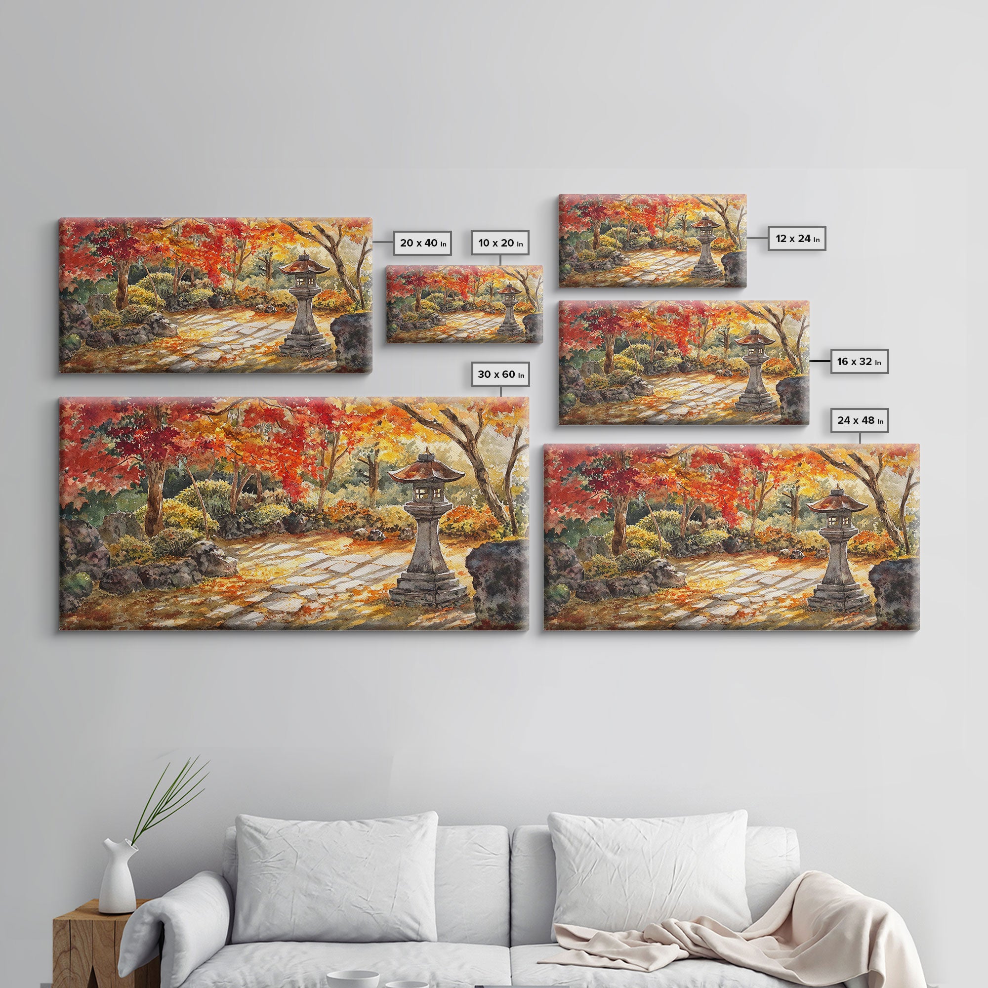 Beautiful Autumn Garden Path with Lantern, Fall Decor, Watercolor Landscape Art, Framed Canvas Print, Wall Art, Farmhouse Decor, Gift Idea
