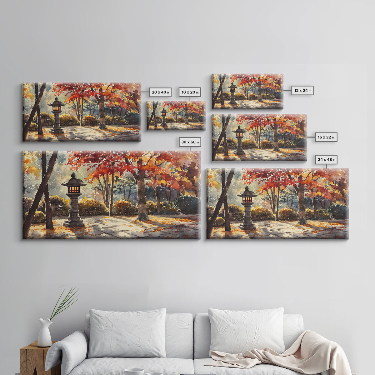 Lantern-Lit Autumn Pathway in Garden, Fall Wall Art, Watercolor Canvas Print, Autumn Home Decor, Gallery Wall, Farmhouse Decor Gift Idea