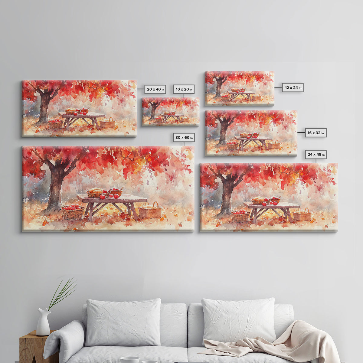 Fall Harvest Picnic Scene, Farmhouse Fall Decor, Framed Canvas Print, Seasonal Wall Art, Country Home Decor, Watercolor Artwork Gift Idea