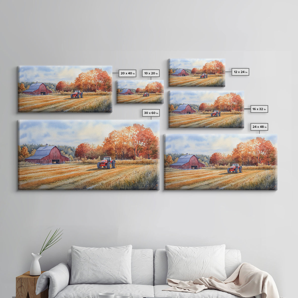 Red Barn in Autumn Landscape, Framed Canvas Print, Farmhouse Fall Decor, Watercolor Wall Art, Above Sofa Art, Wall Decor, Gift Idea 2024