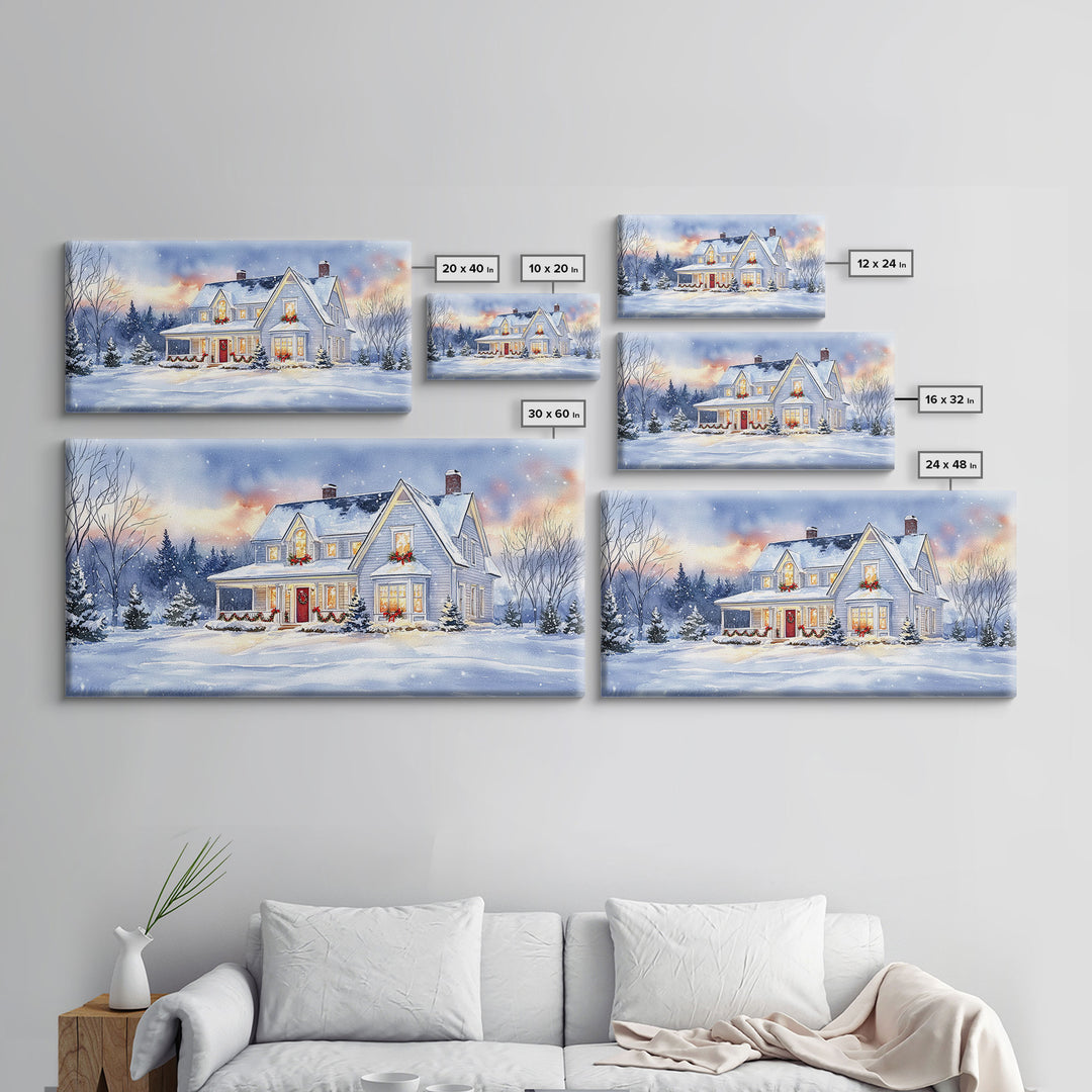 Cozy Winter House with Snowy Landscape, Christmas Decor, Framed Canvas Print, Farmhouse Christmas Decor, Seasonal Wall Art, Gift Idea
