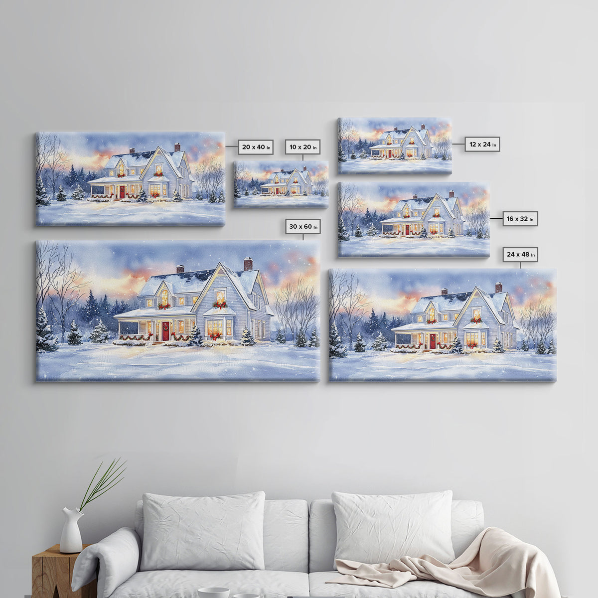 Cozy Winter House with Snowy Landscape, Christmas Decor, Framed Canvas Print, Farmhouse Christmas Decor, Seasonal Wall Art, Gift Idea