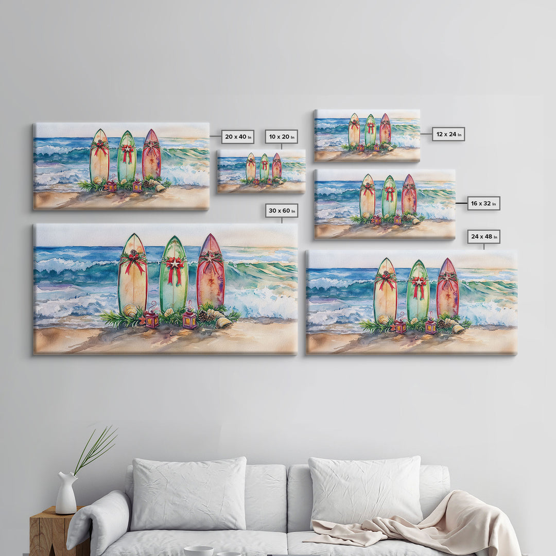 Beach Christmas Decor with Surfboards, Tropical Christmas Art, Framed Canvas Print, Watercolor Wall Art, Coastal Holiday Decor Art Gift Idea