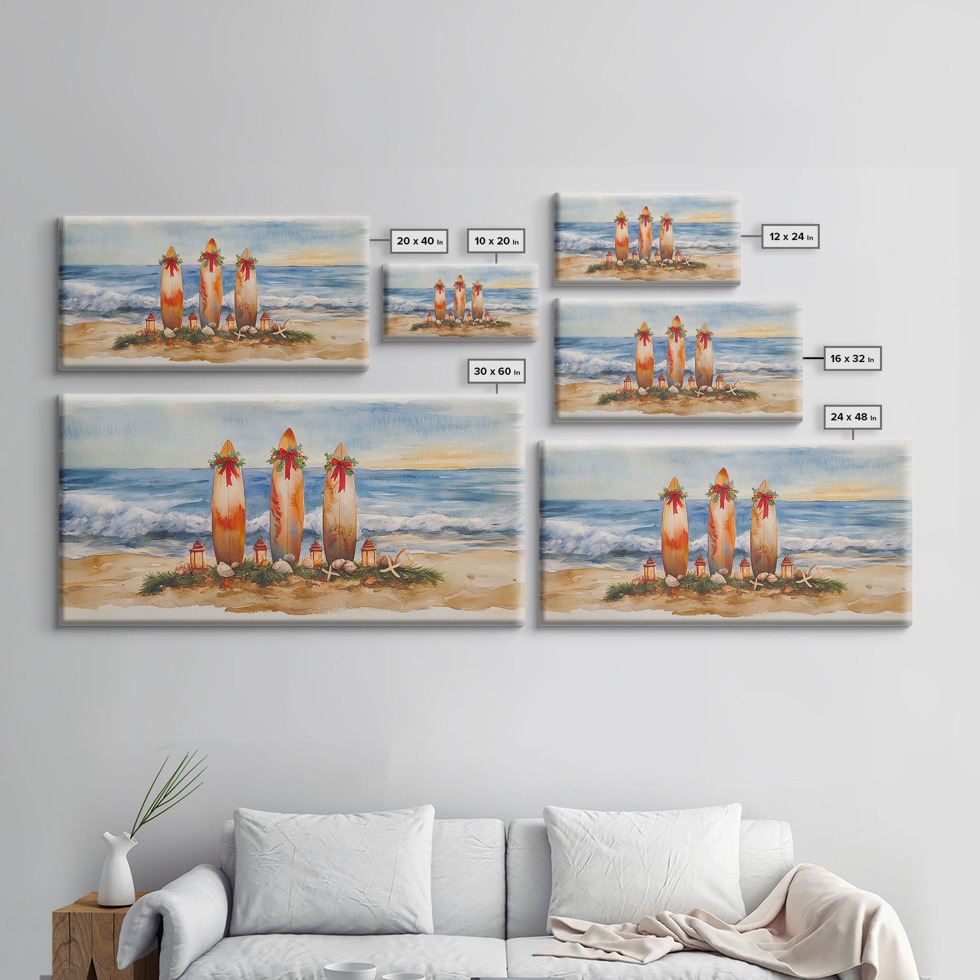 Coastal Christmas Surfboard Scene, Beach Christmas Decor, Framed Canvas Print, Watercolor Wall Art, Tropical Holiday Decor, Best Gift Idea